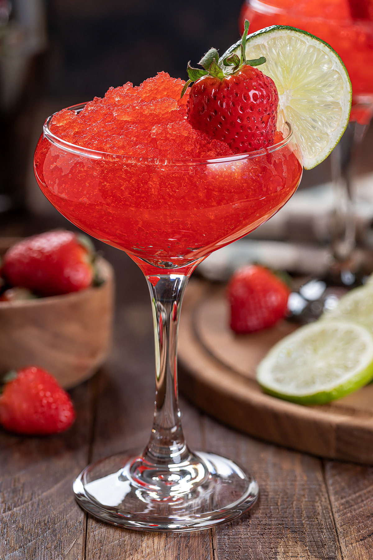 Frozen strawberry daiquiri with strawberry and lime