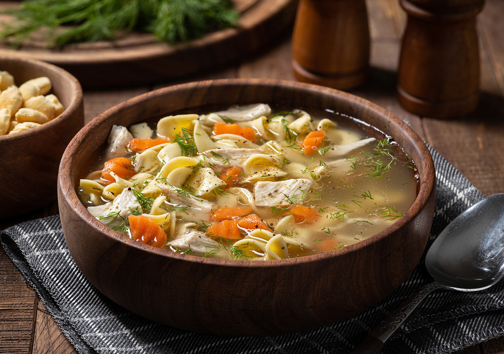 Chicken noodle soup with carrots and dill