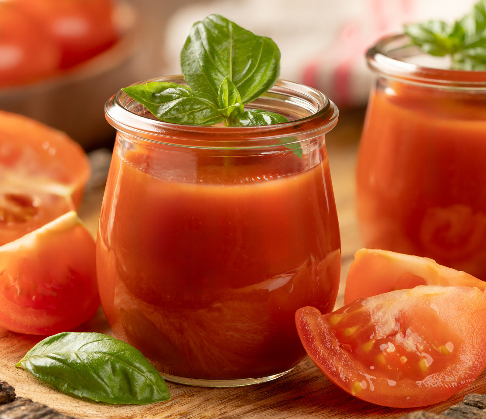 Tomato juice with basil leaves
