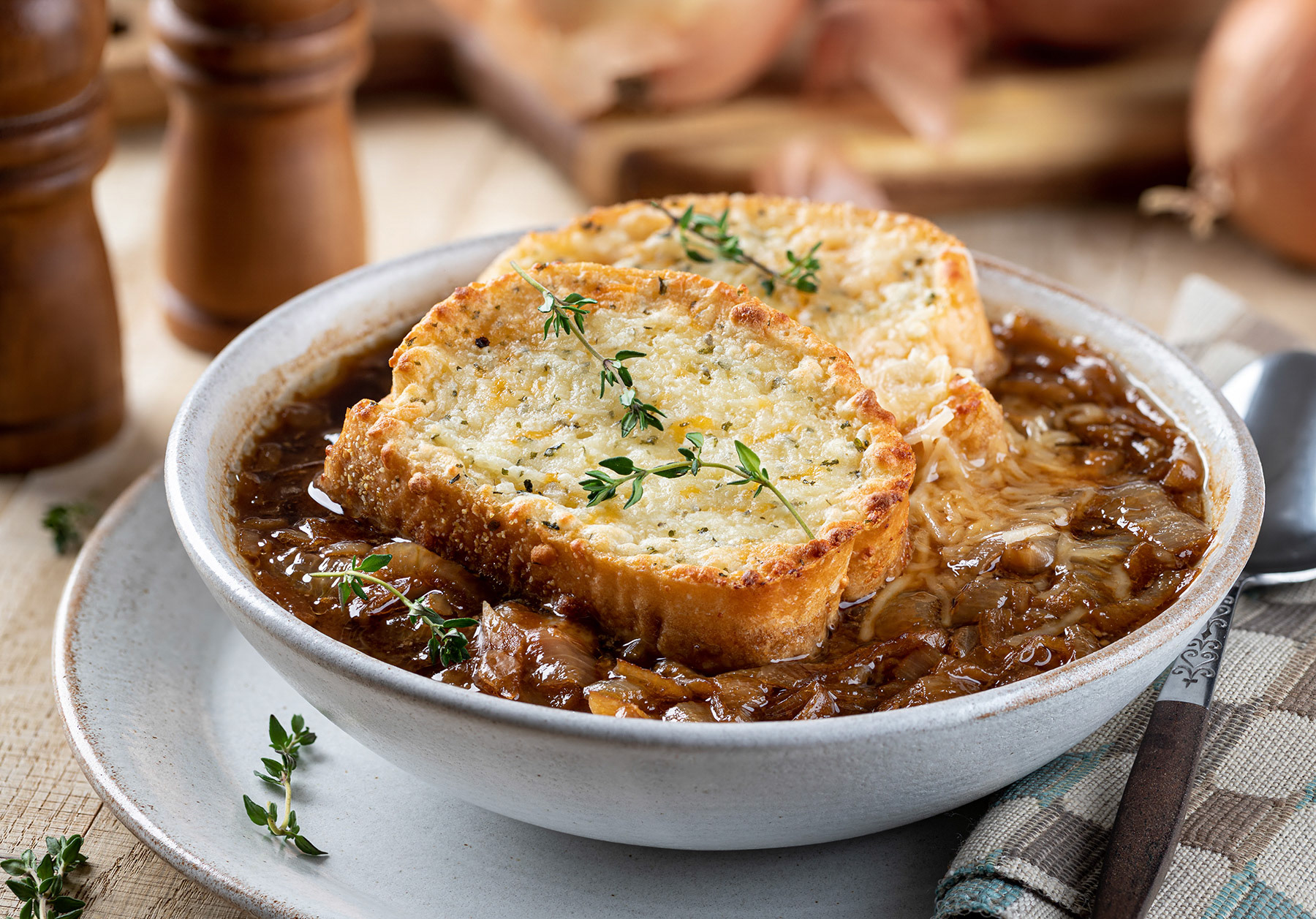 French onion soup with toasted cheese baguette