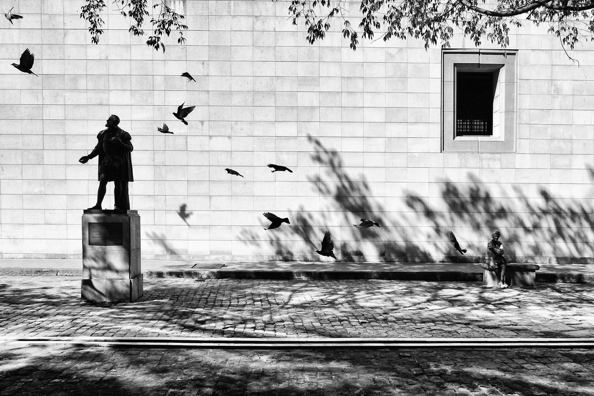 Old Havana a moment of solitude and peace, a mature woman sitting on a stone bench enjoys dappled shade from an unseen tree. Pigeons take to the air contrasted by the light stone building in the background linking the lone woman to the colonial statue standing resplendent on its plinth.