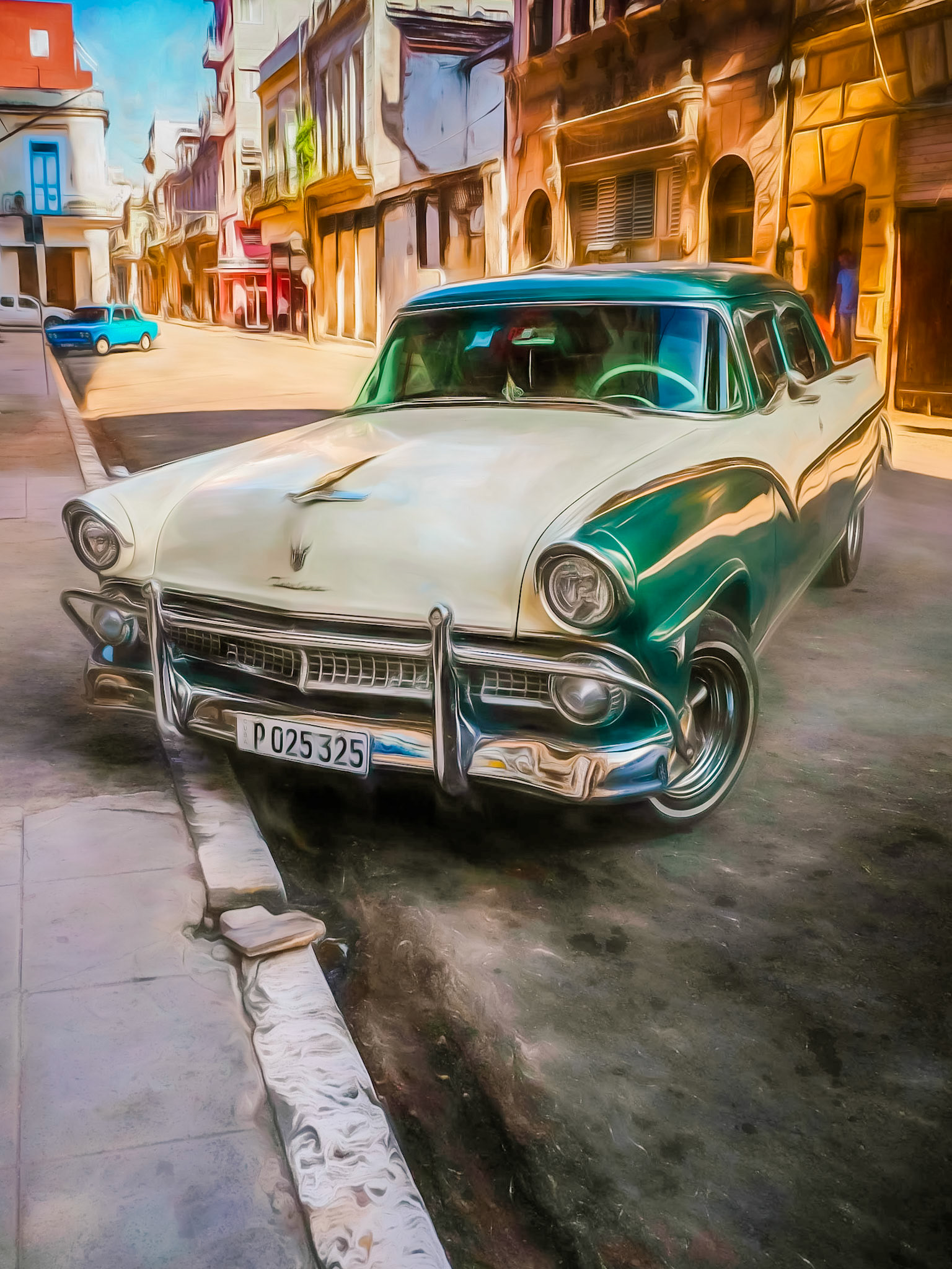 Ford Fairlane vintage automobile parked in the shade on a central Havana street, Cuba