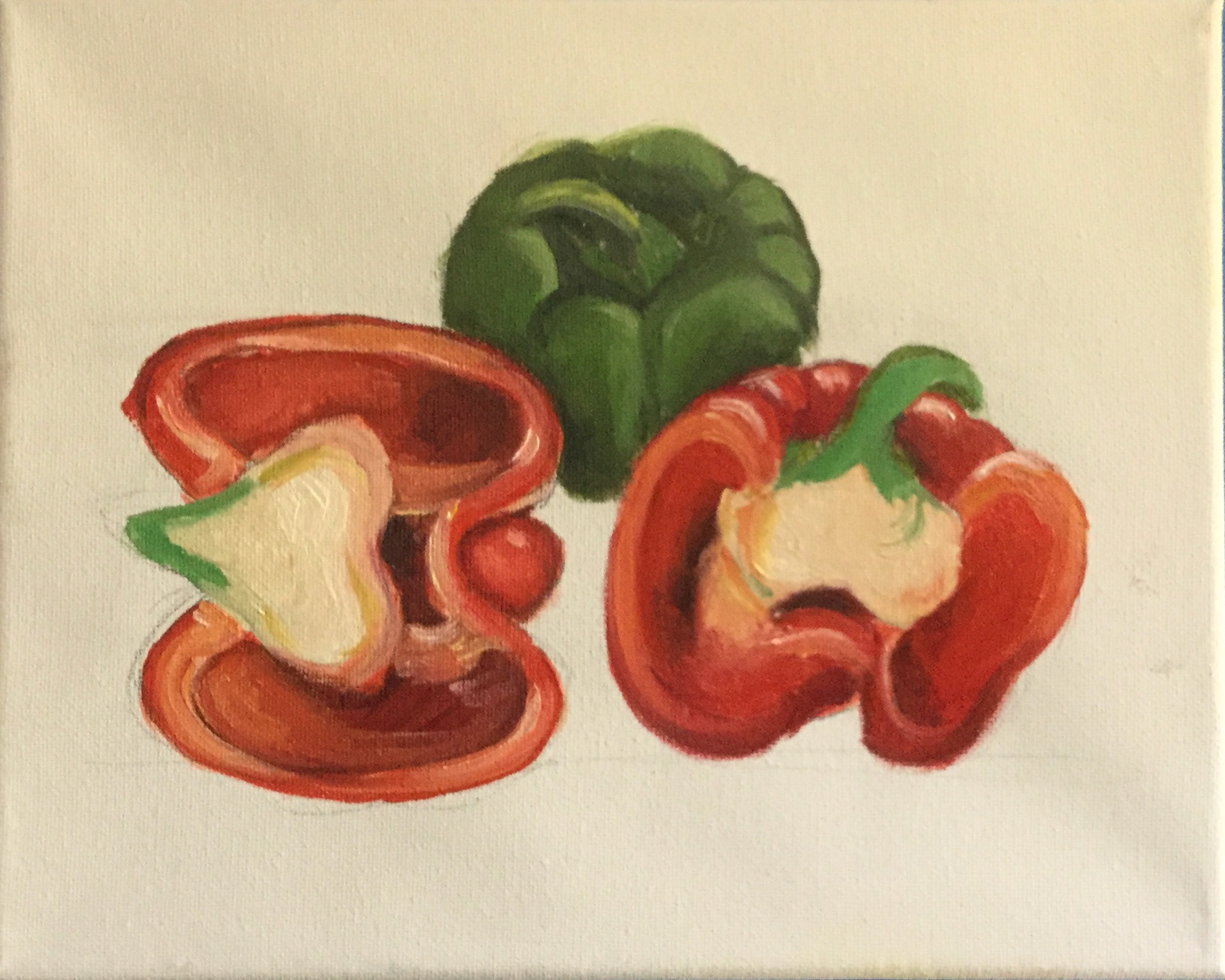 Open Red Pepper & Green Pepper , oil on canvas board, 8"x10, Unframed $50