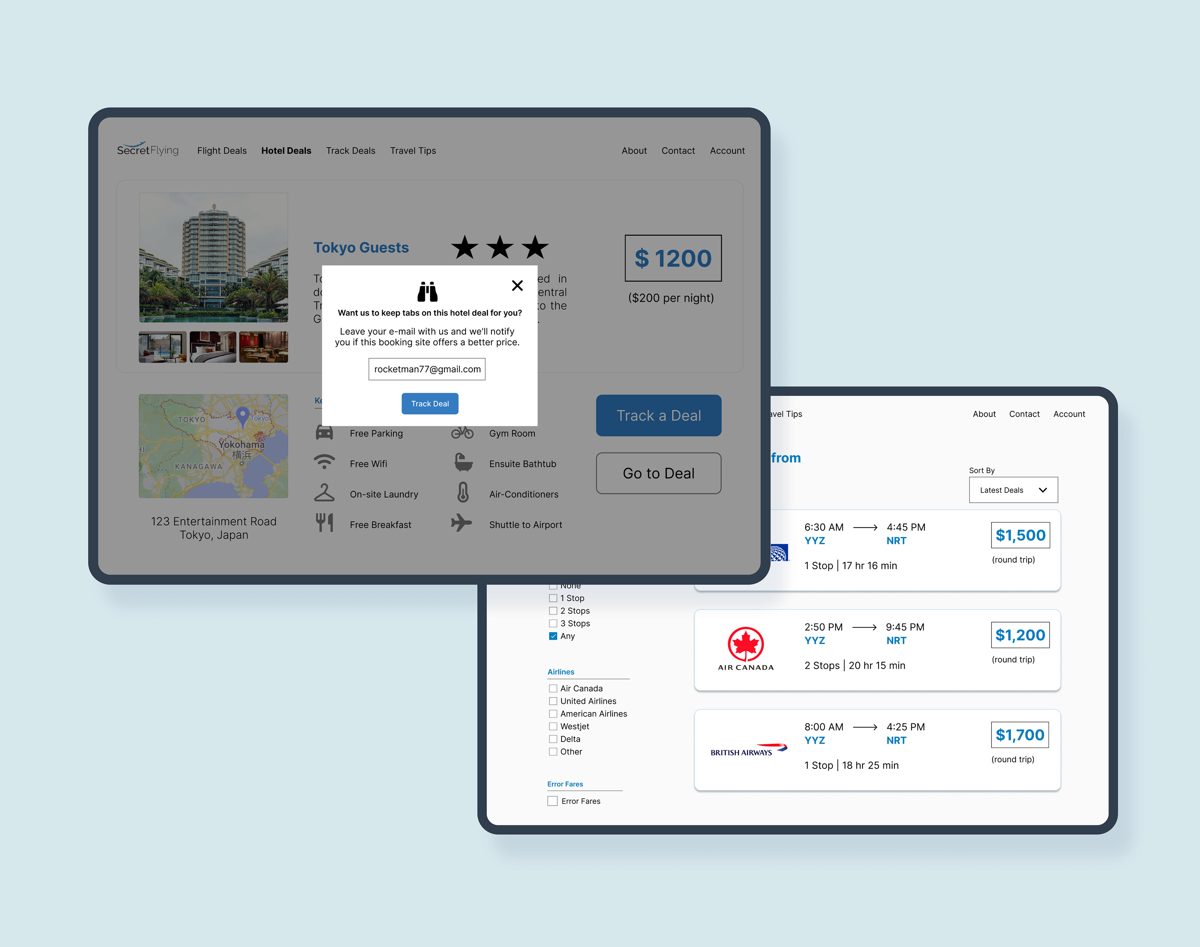 Two high-fidelity prototype screens are shown for the flight and hotel deal pages respectively. The hotel deal page also shows how users can track deals.