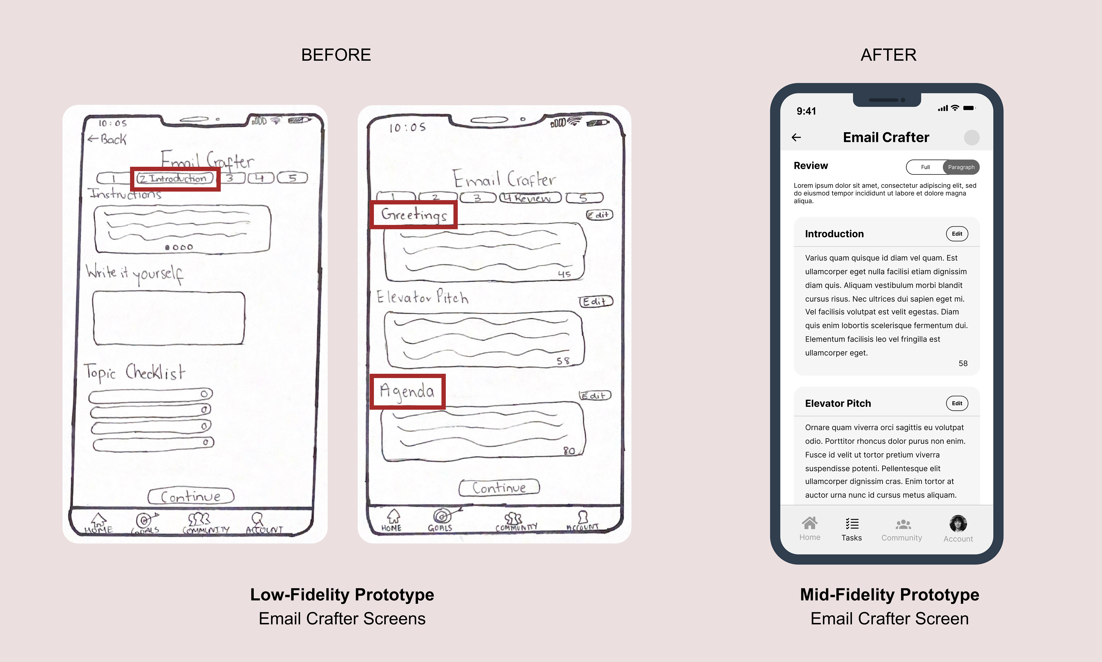 Changes from before and after to improve consistency throughout the app are shown by a low-fidelity prototype, email crafter screens, and mid-fidelity prototype, email crafter screen.