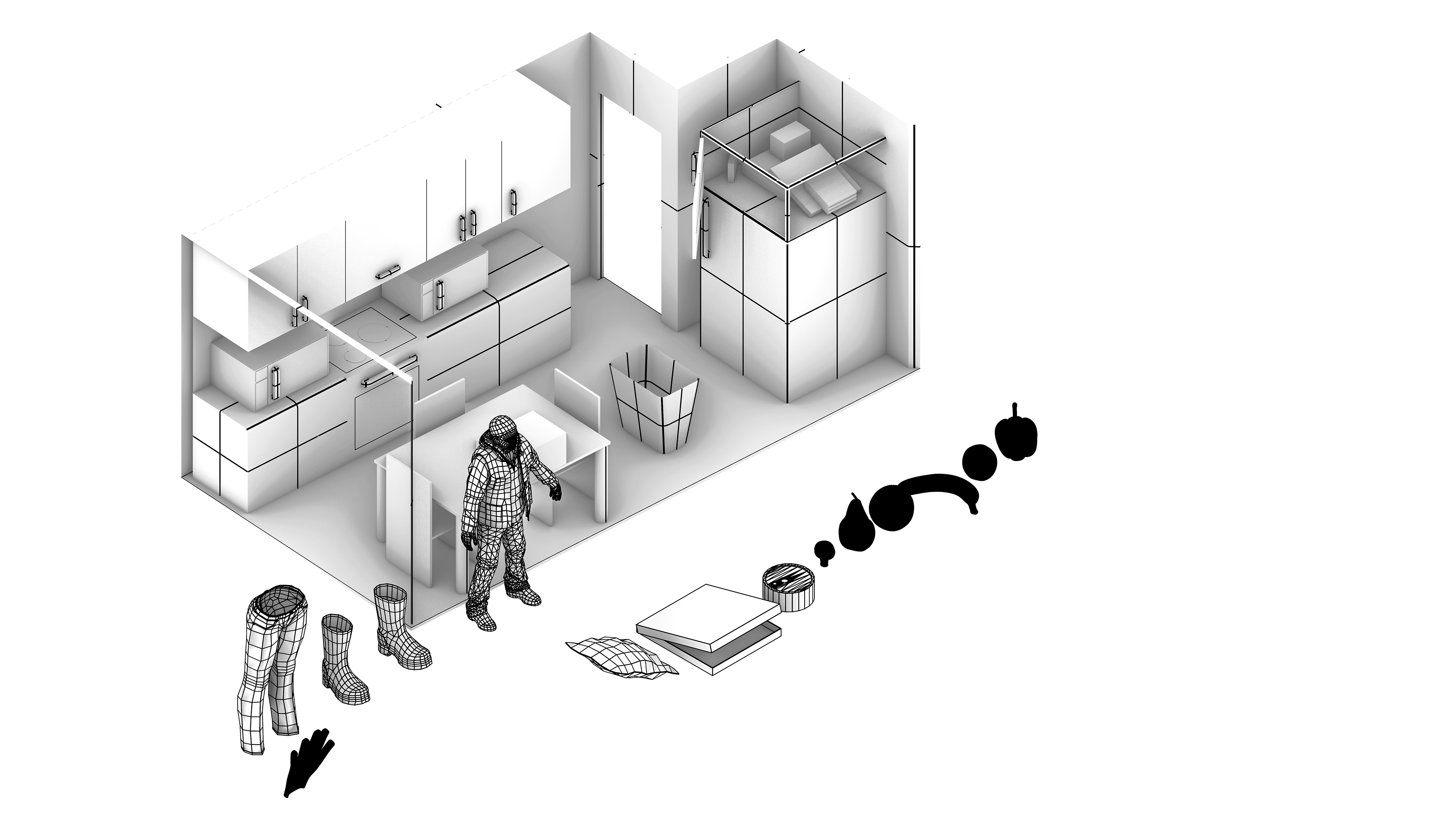 By doing field research and conducting interviews with ethical freegans, we constructed a model of their 'average' home. Occupied housing, furniture and clothes collected from the trash, lots of appliances found or gifted, and the refrigerator full of recovered goods, specially fruits and vegetables.