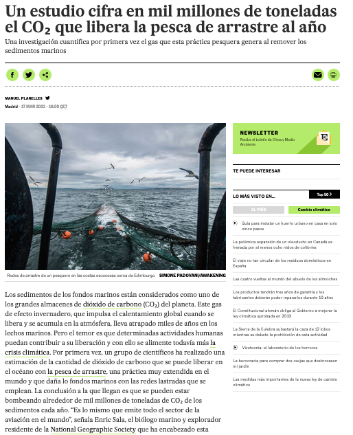 "A study sets the impact of large scale fishing at a thousand million tonnes of CO2 per year".
