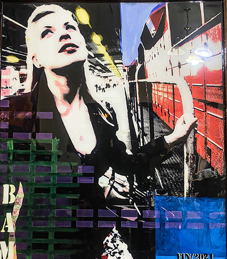 PLATFORM N#2 photo on canvas with pearl-ex powders and a resin pour finish shown here back lit with natural lighting