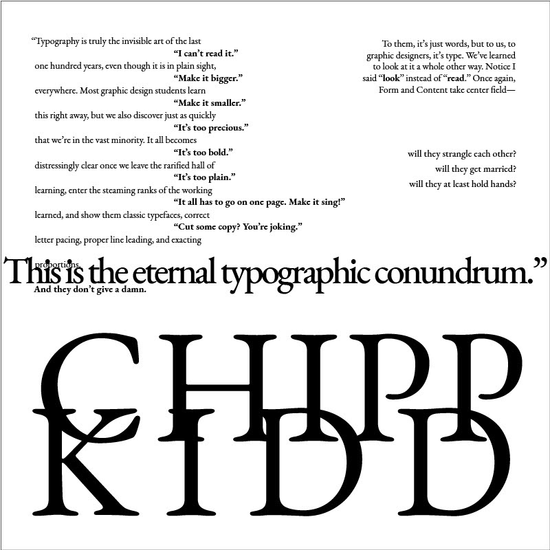 Typographic layout of a quote by Chipp Kidd (typeface: Garamond in various sizes and weights)