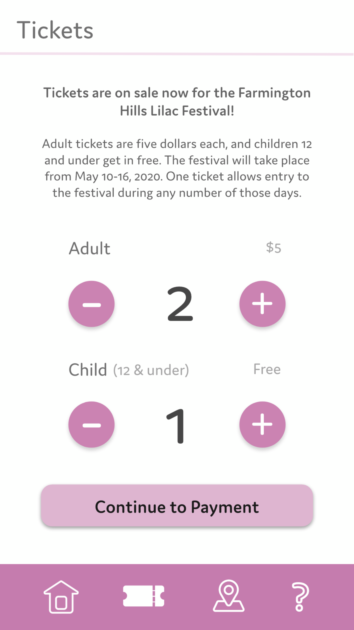 Ticket page of the Lilac Festival app