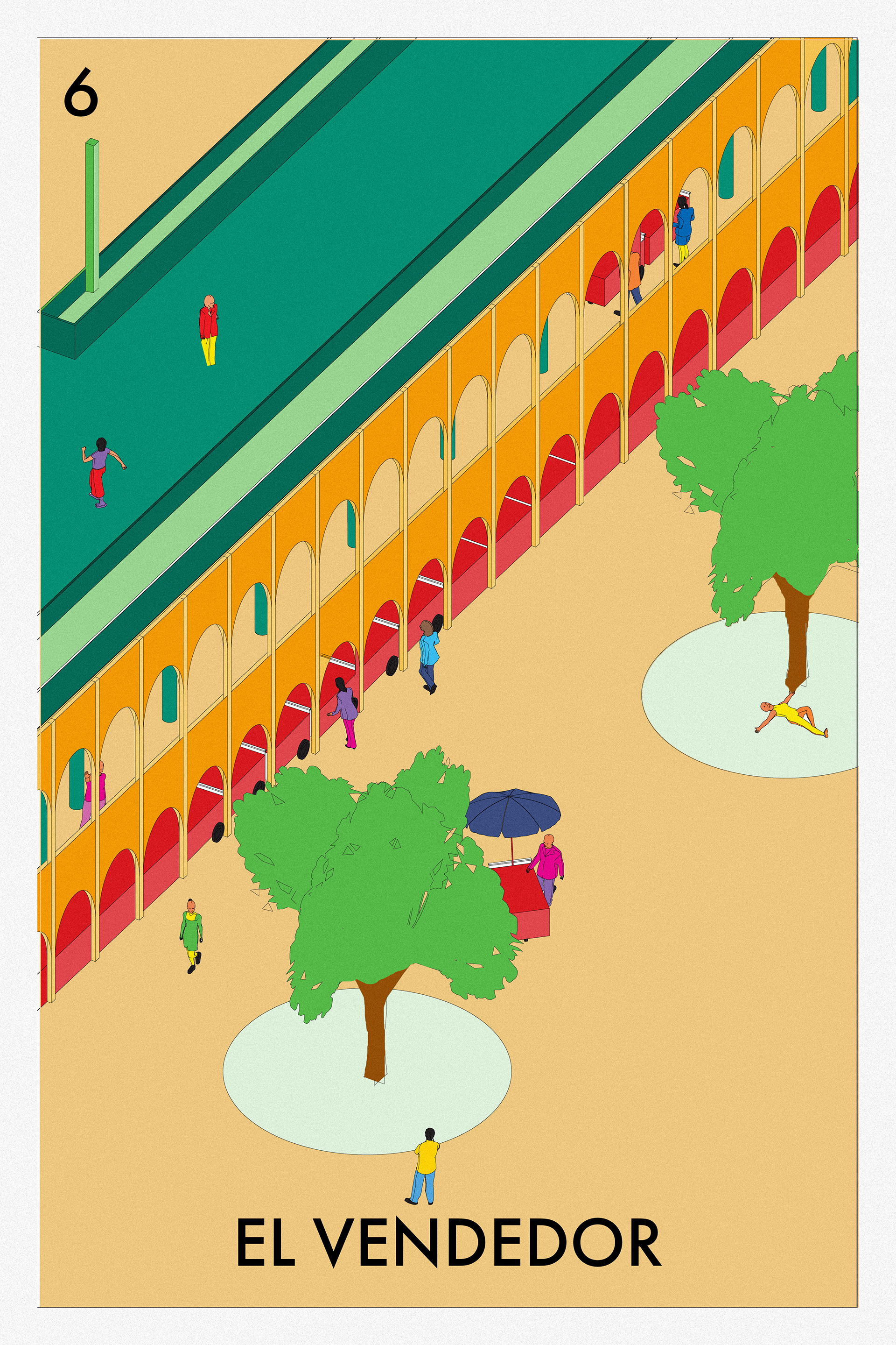 Market hall underneath the fruit and vegetable garden that caters to the inside and outside. Individual booths are parked carts which are able to move around the site to sell common snacks like fruit cups and street corn.