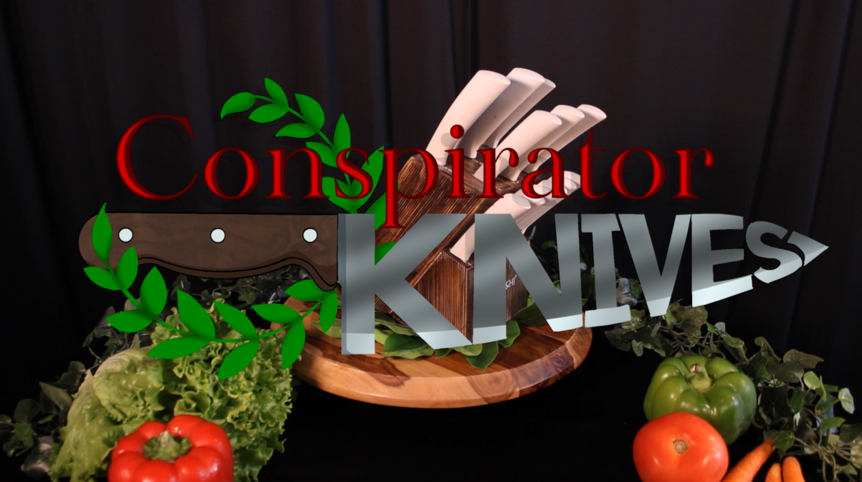 Title and logo for "Conspirator Knives" parody infomercial.