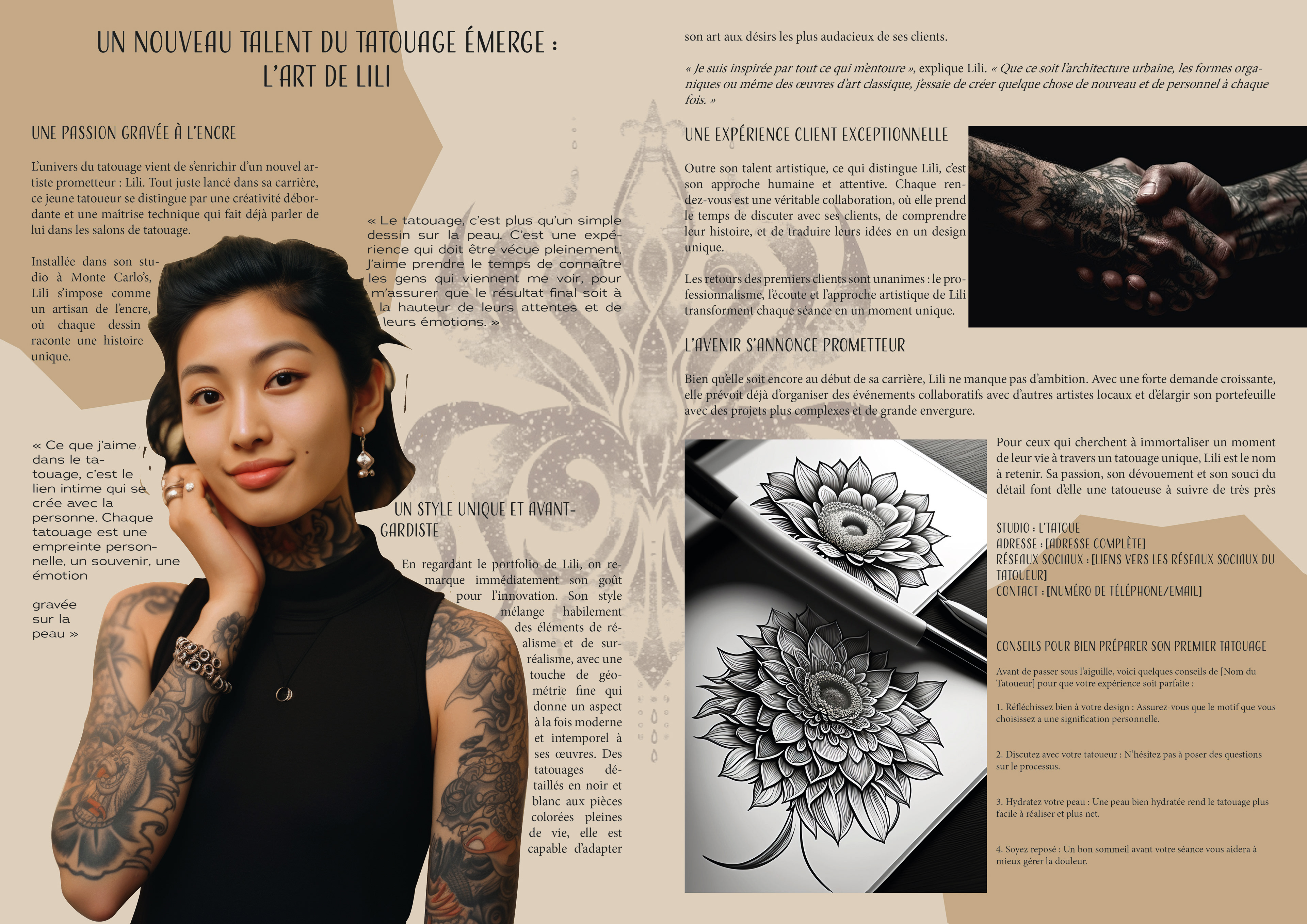Réalisation d'une double page d'un article people sur une tatoueuse