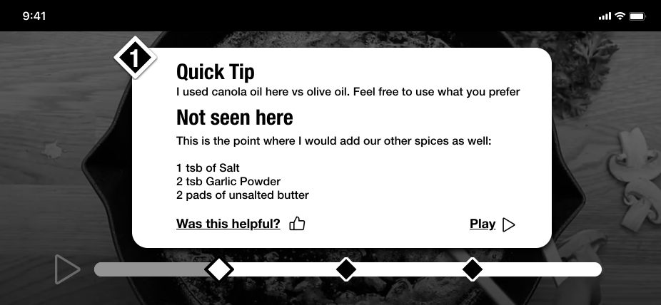 When the user taps the graphic, they are then presented with a tooltip with more info, that pauses the underlaying video. The user can tap anywhere outside the video to dismiss or click play. I added a "feedback" action there, that could be visible on the backend tool.