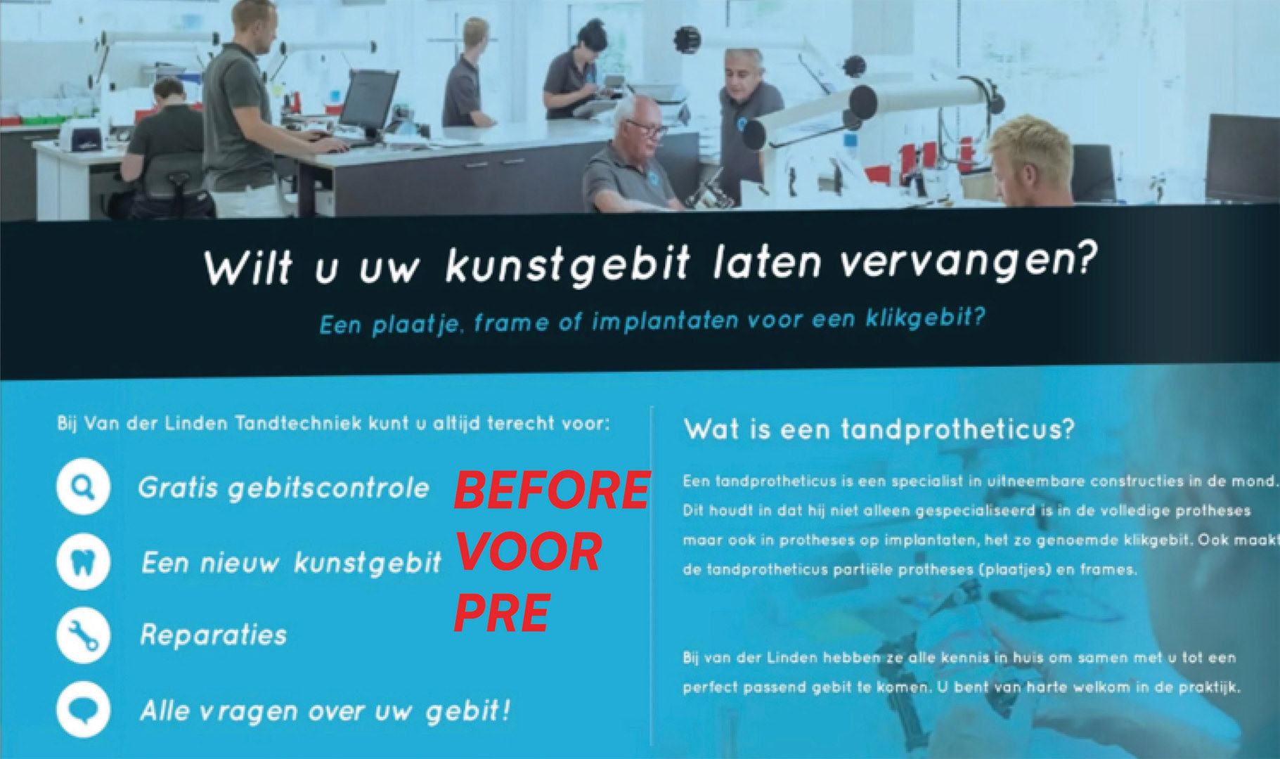 Photo grid showing the original Van der Linden Tandtechniek advertisement before redesign, with small typography, limited contrast and a crowded layout.Photo grid showing the original Van der Linden Tandtechniek advertisement before redesign, with small typography, limited contrast and a crowded layout.
