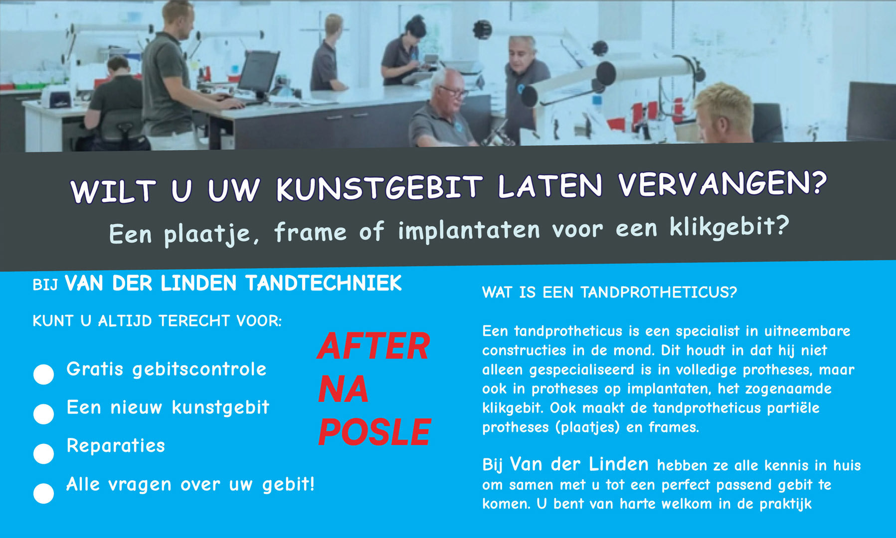 Dental technology advertisement — conceptual redesign.Photo grid showing the conceptual redesign of the Van der Linden Tandtechniek advertisement, with improved typography, contrast, white space and information hierarchy.