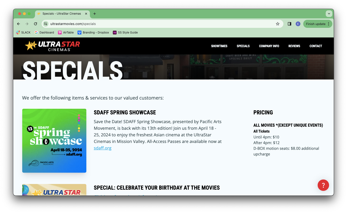 UltraStar Cinemas SDAFF Spring Showcase AD on desktop