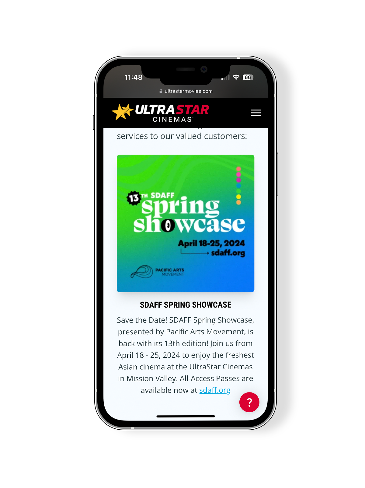 UltraStar Cinemas SDAFF Spring Showcase AD on mobile