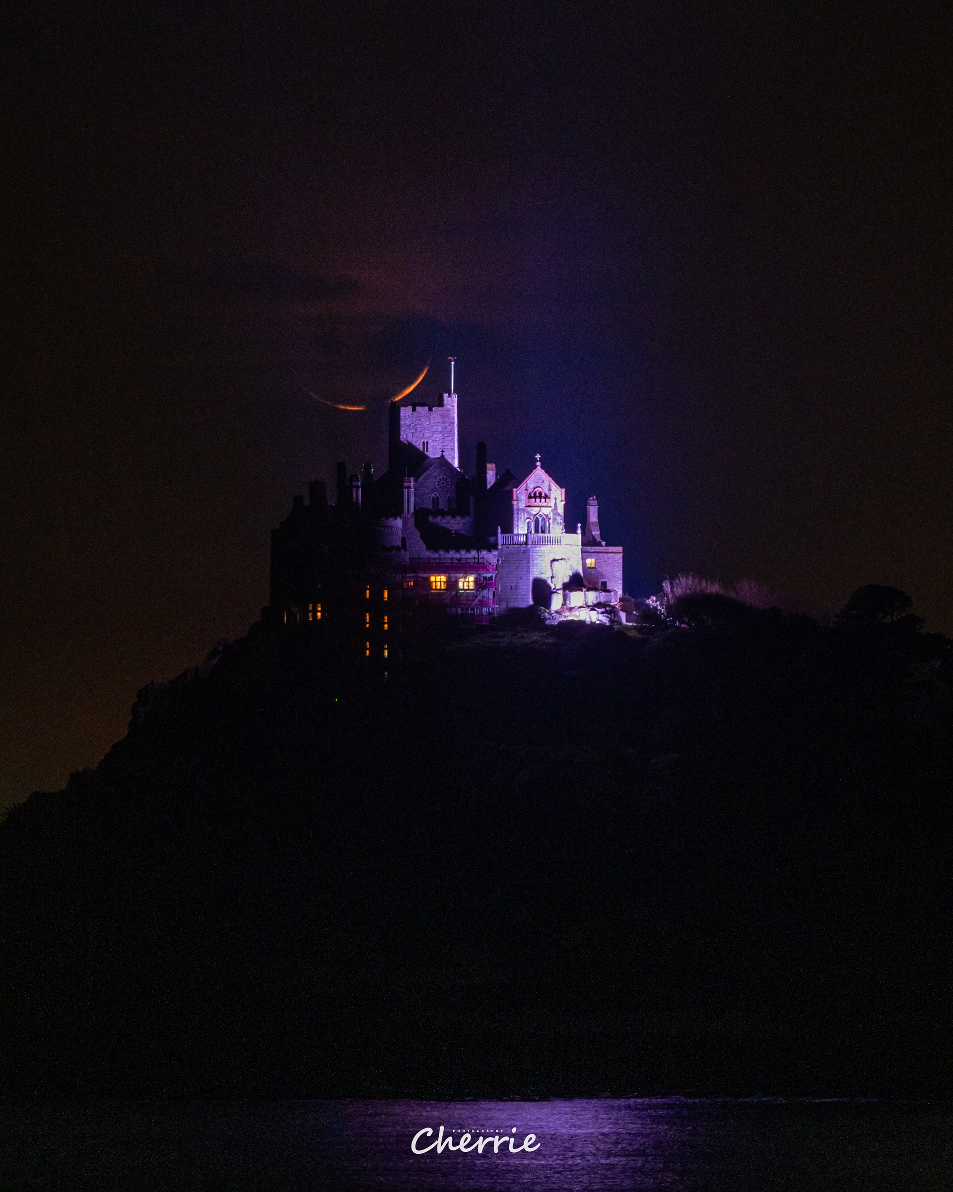 St Michaels Mount Cornwall Crescent Moonset 