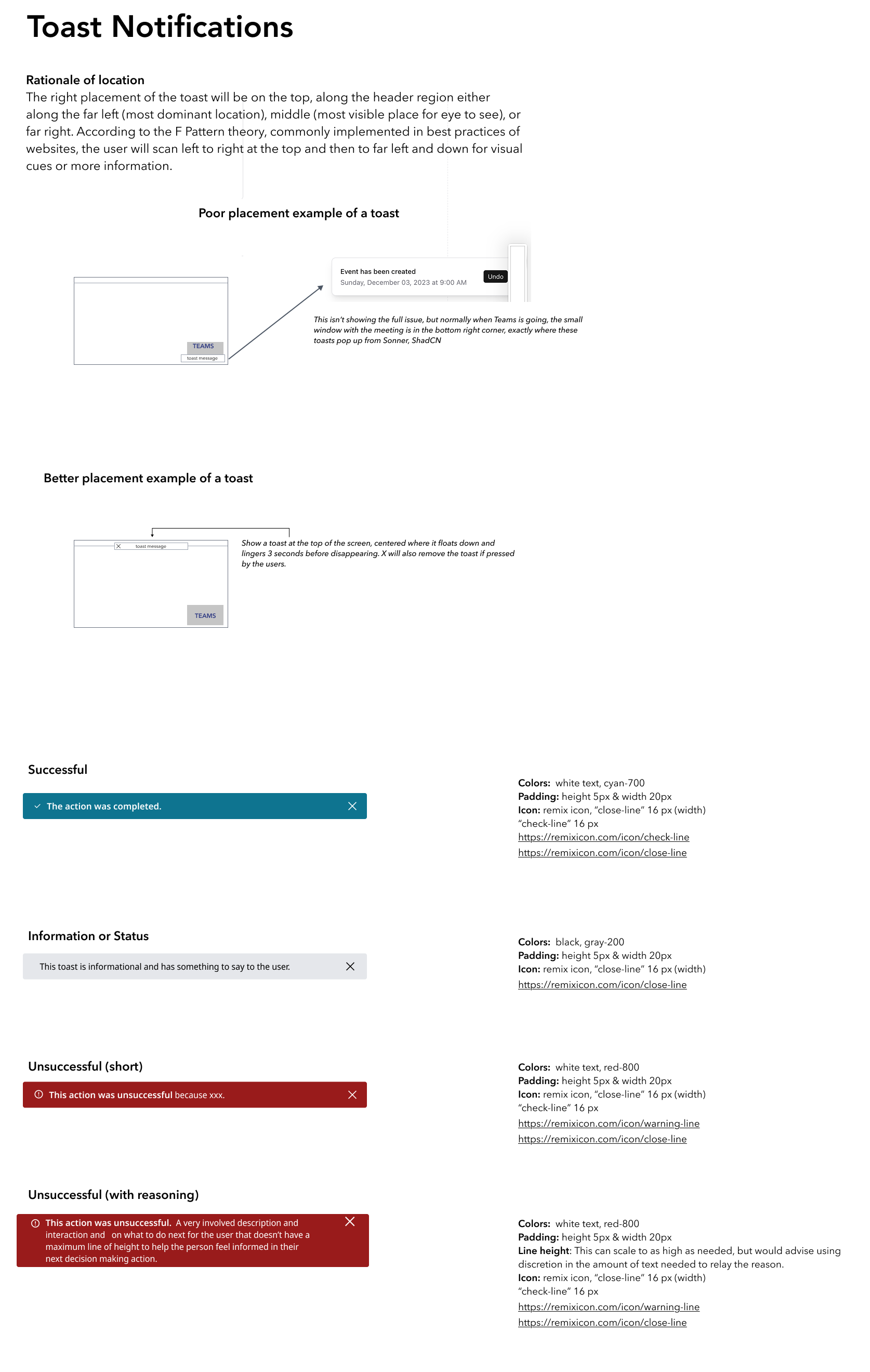 Logic behind placement of Toast Notifications and visual treatments of different states of notifications