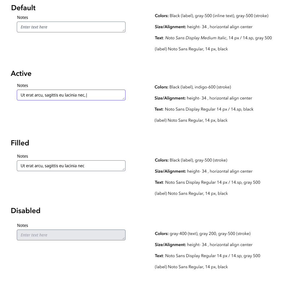 Shows four different states of input boxes, default, active, filled, and disabled. They also show the specifications of these states like color, font, and size