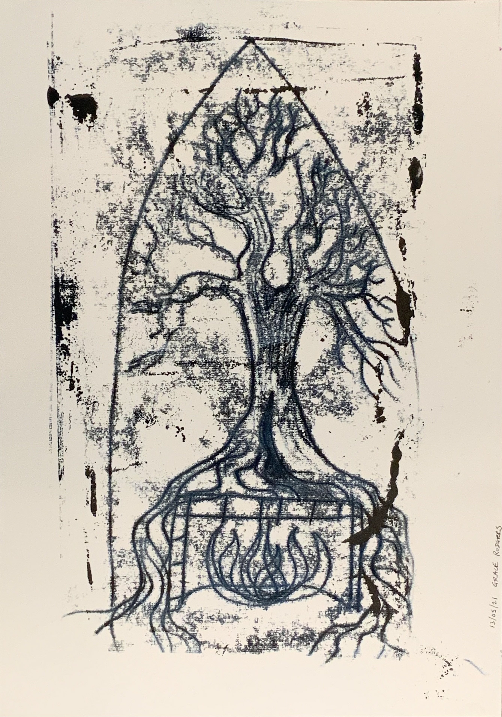Monoprint, inspired by talk by Satish Kumar in the Great Hall, May 2021.