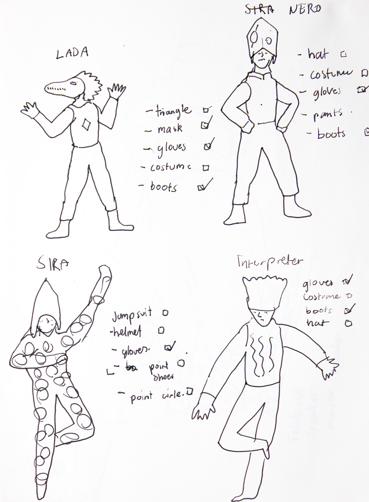 (2022). Lada, Nero, Sira, Interpreter, costume checklist. [Pen and ink on paper]. 210 × 297 mm.
