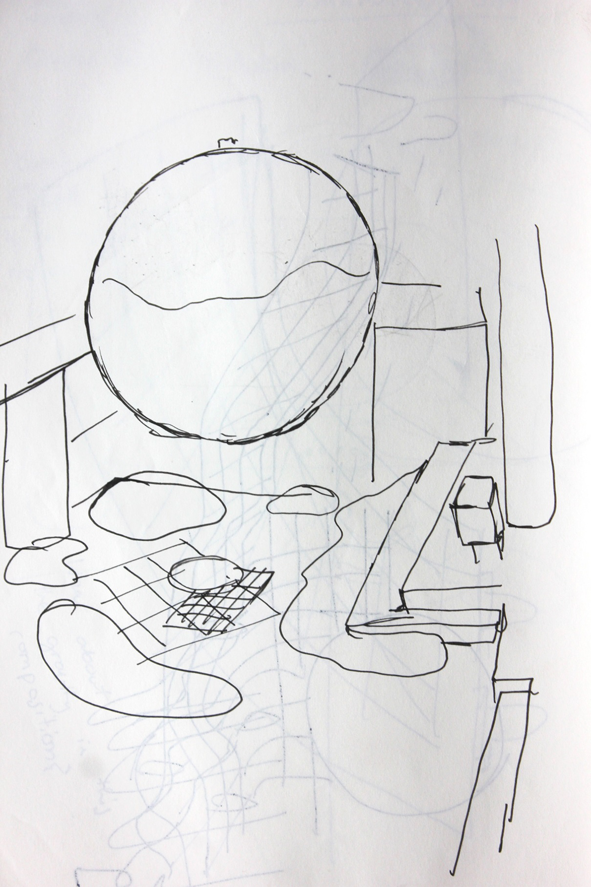 (2022). Sketch of the Mirror Sphere sculptures. [Pen and ink on paper]. 210 × 297 mm.