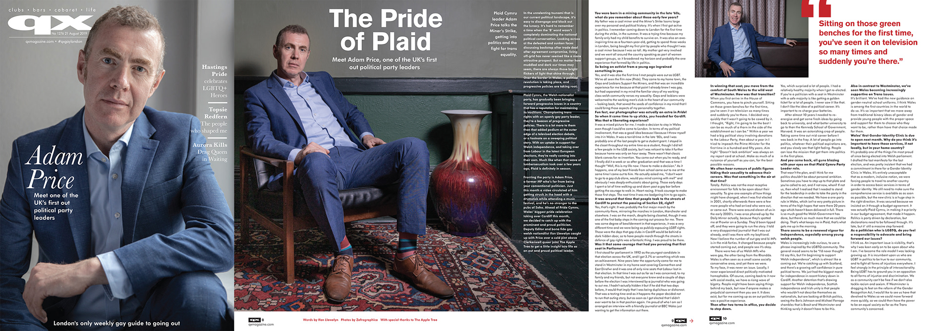 Images illustrating an interview with Adam Price, Leader of Plaid Cymru (QX Magazine No 1276)