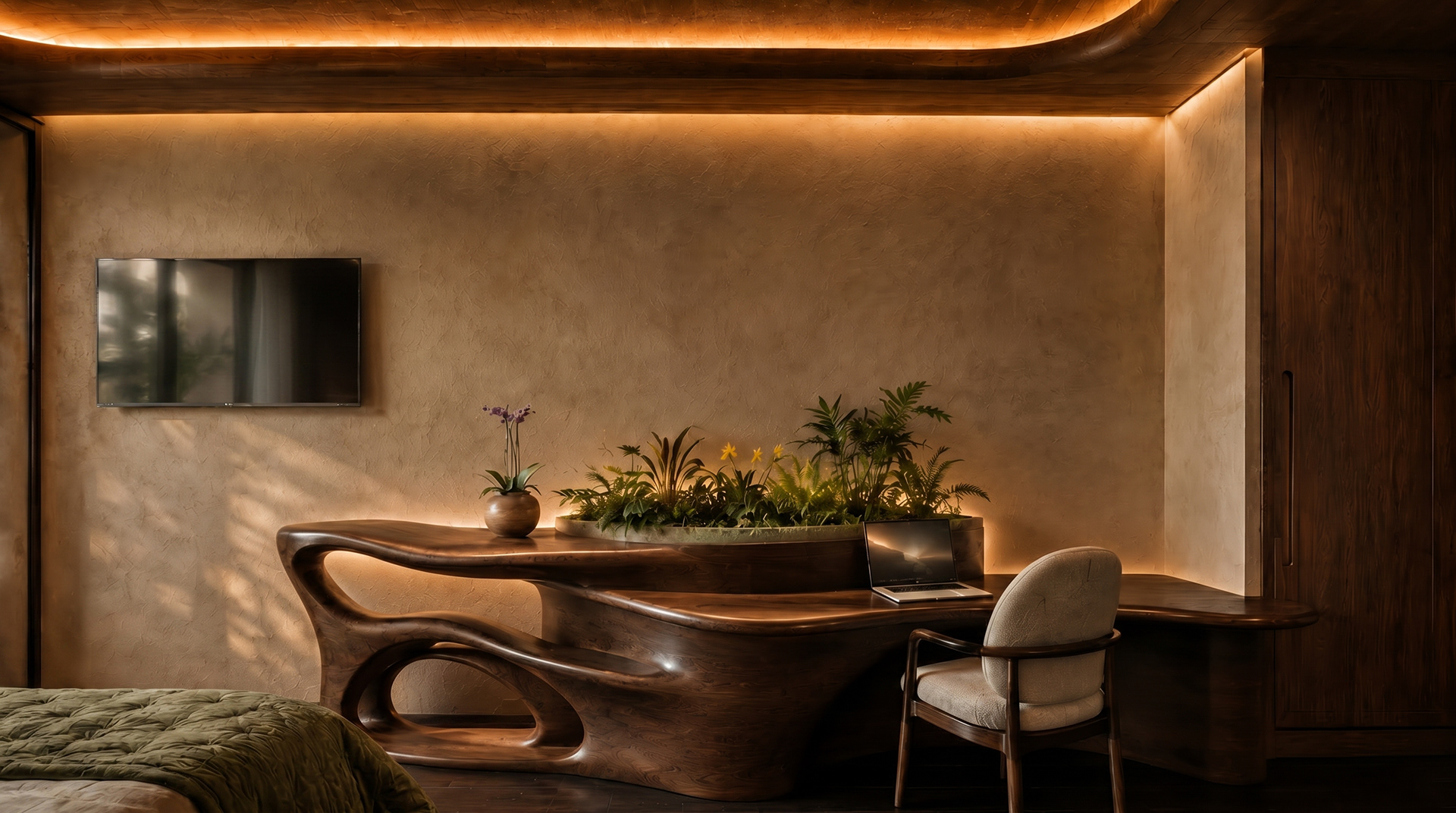 Integrated living space — organic furniture, warm materials, and functional flexibility.
