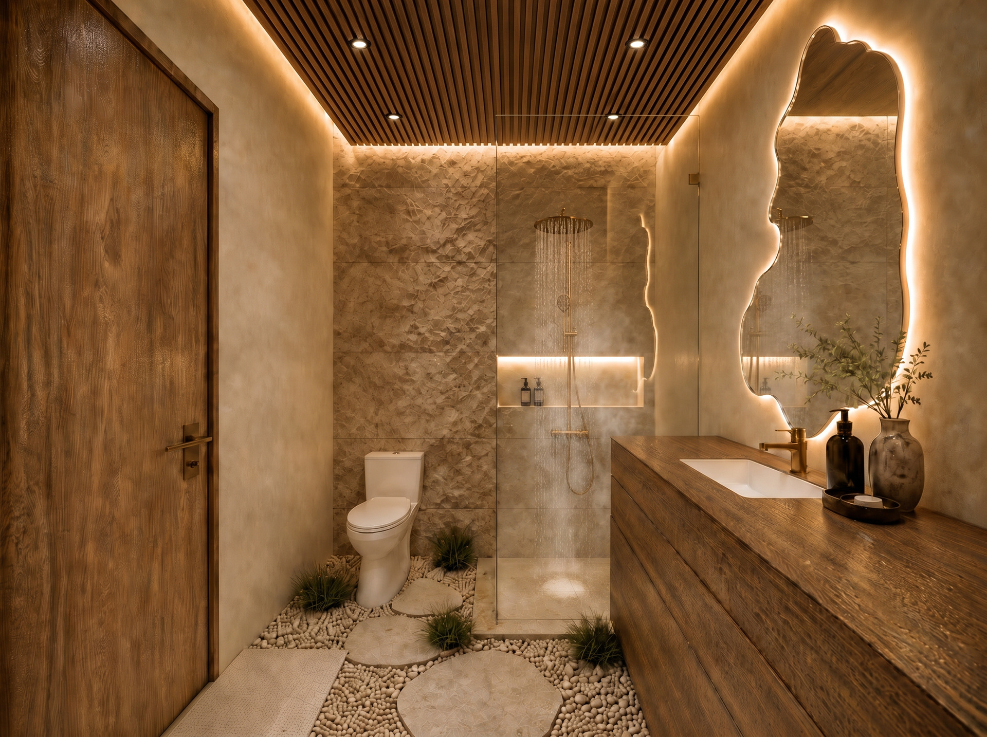 Wellness sanctuary — natural textures and soft lighting create a calming hospitality atmosphere.