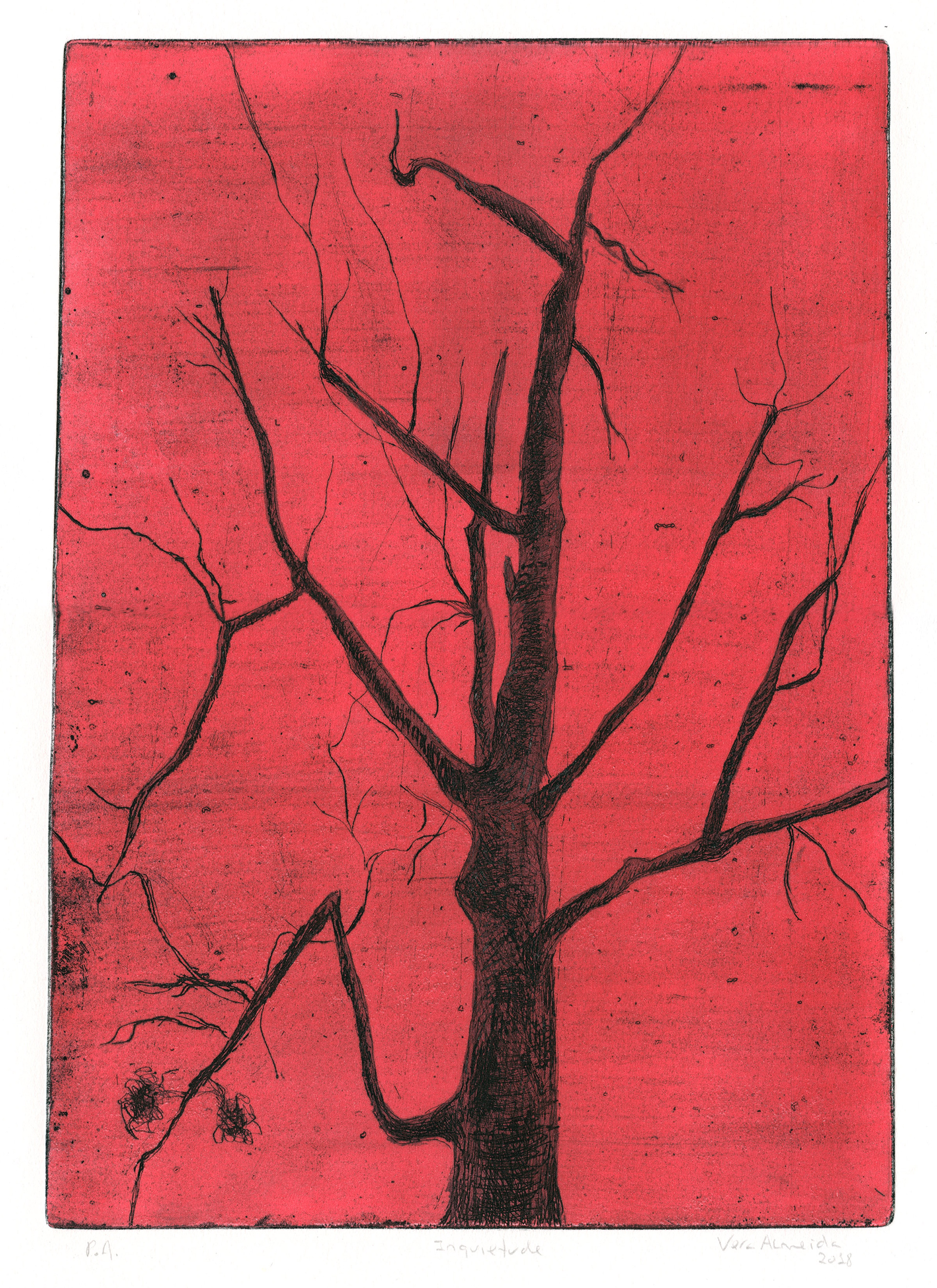 Bare tree red version, etching by Vera Almeida