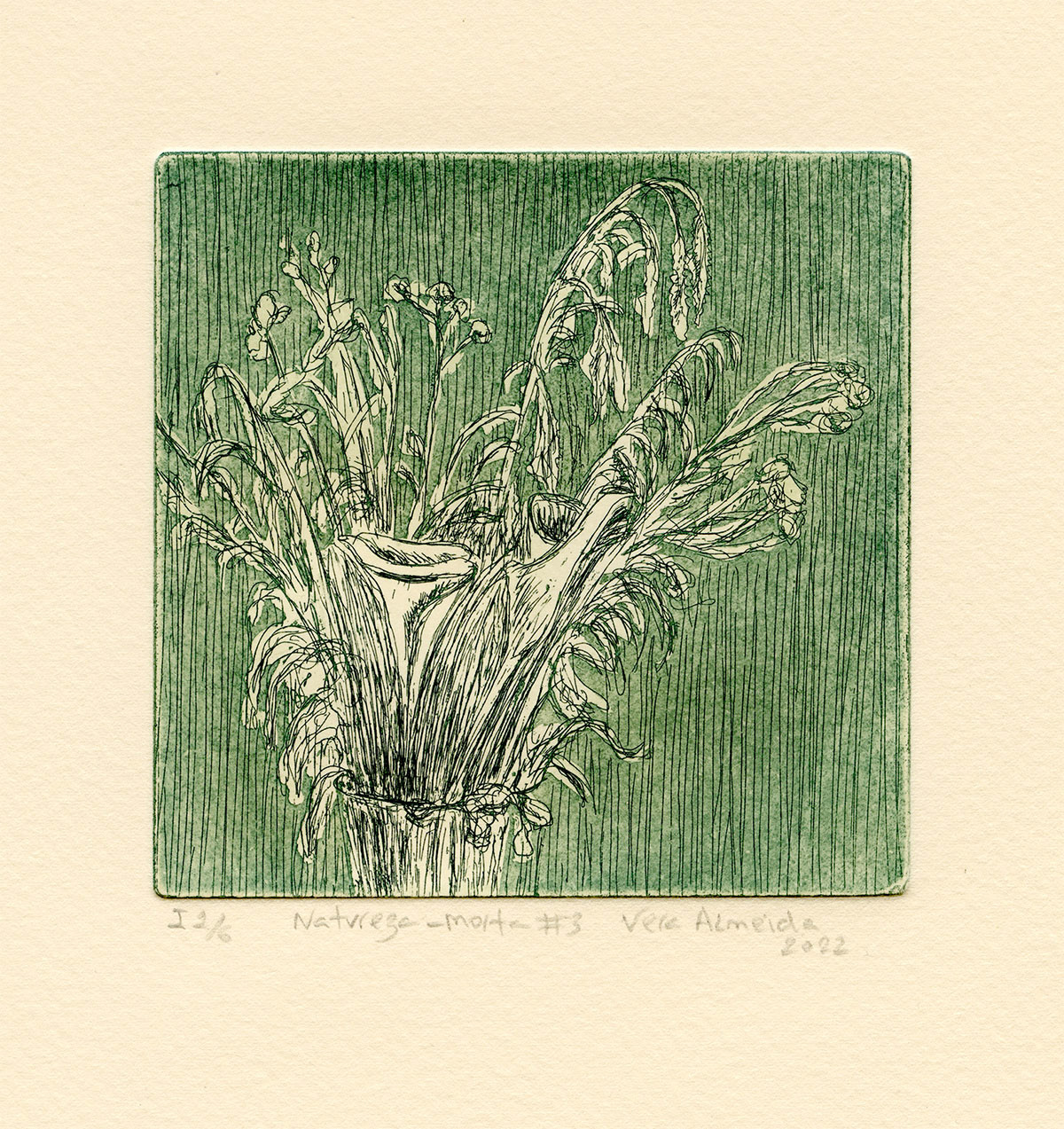 Still life with two calla lilies and glass, green version, by Vera Almeida