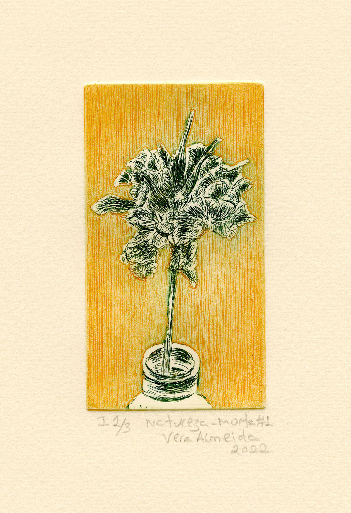 Still life with flower and bottle, orange version, by Vera Almeida
