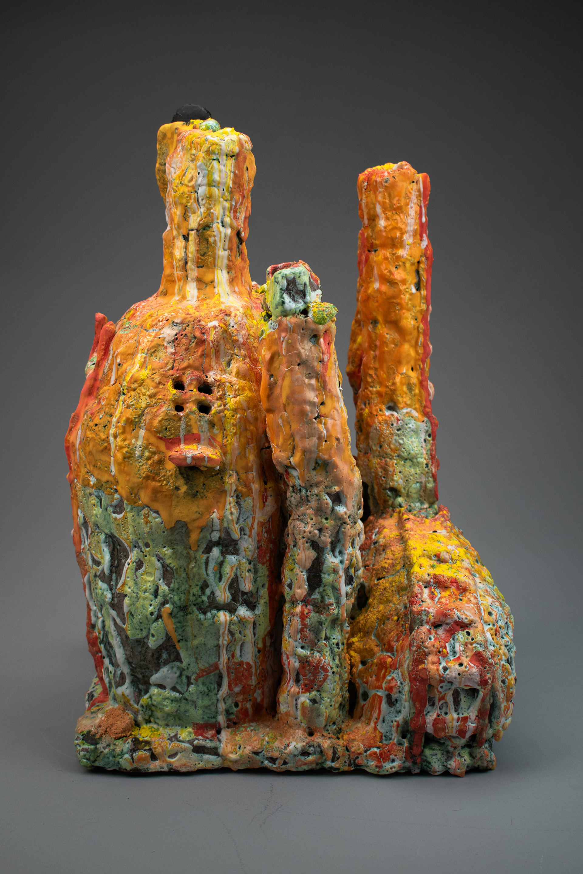 Salome Aydlett, city 1, 2026, ceramic, oxides, majolica, underglaze, stains, 18 x 13 x 12in. 