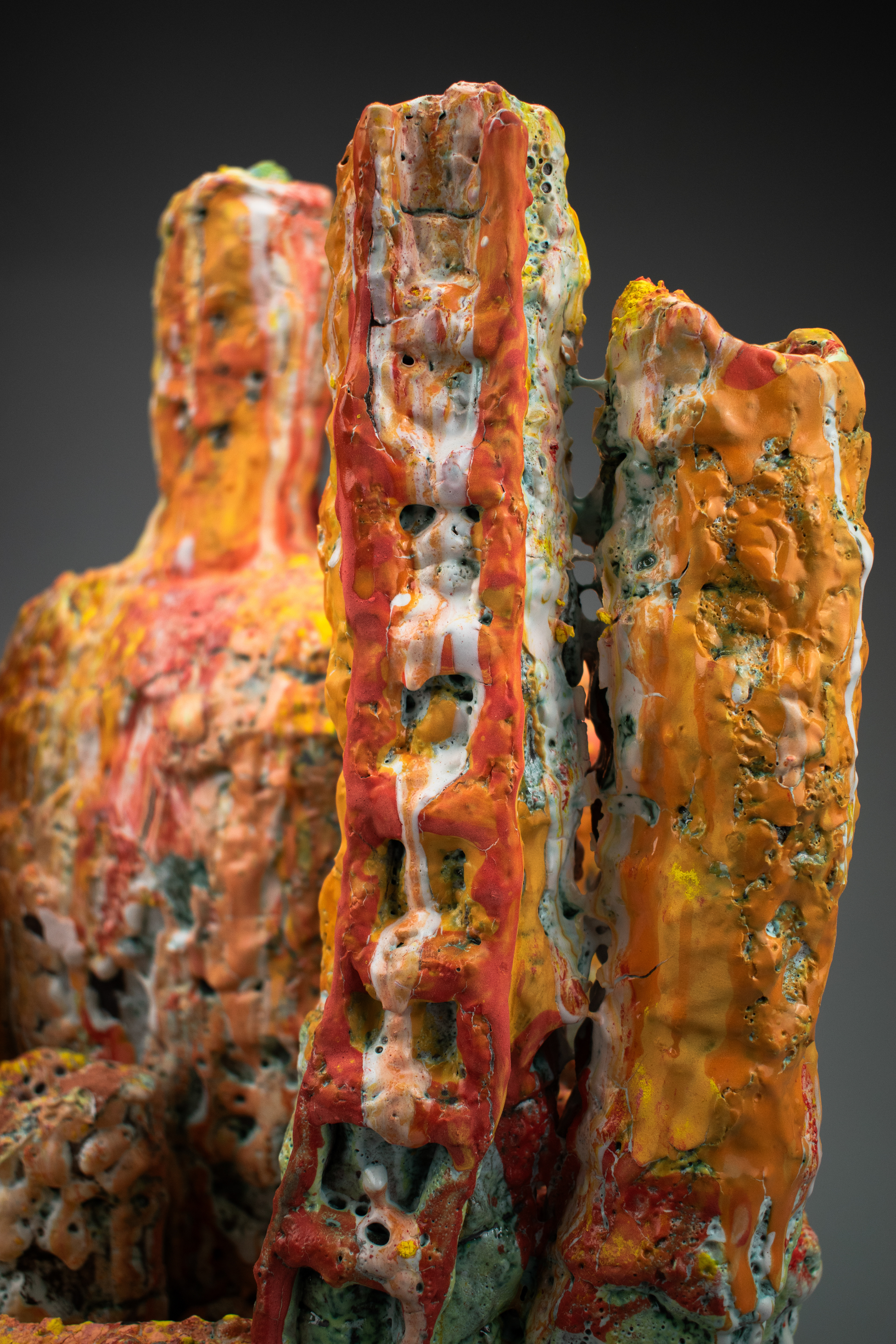 Salome Aydlett, city 1, 2026, ceramic, oxides, majolica, underglaze, stains, 18 x 13 x 12in. 