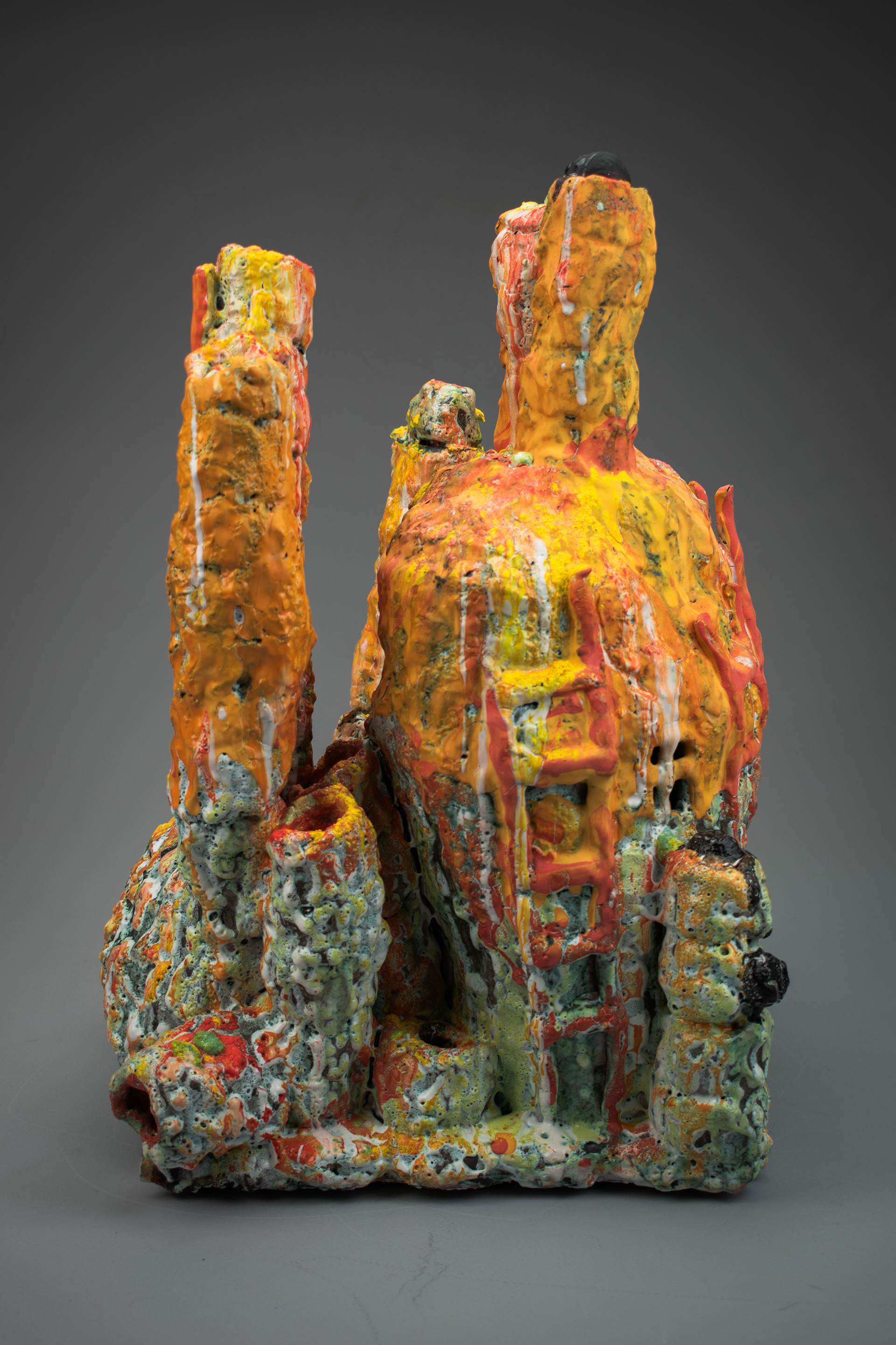 Salome Aydlett, city 1, 2026, ceramic, oxides, majolica, underglaze, stains, 18 x 13 x 12in. 