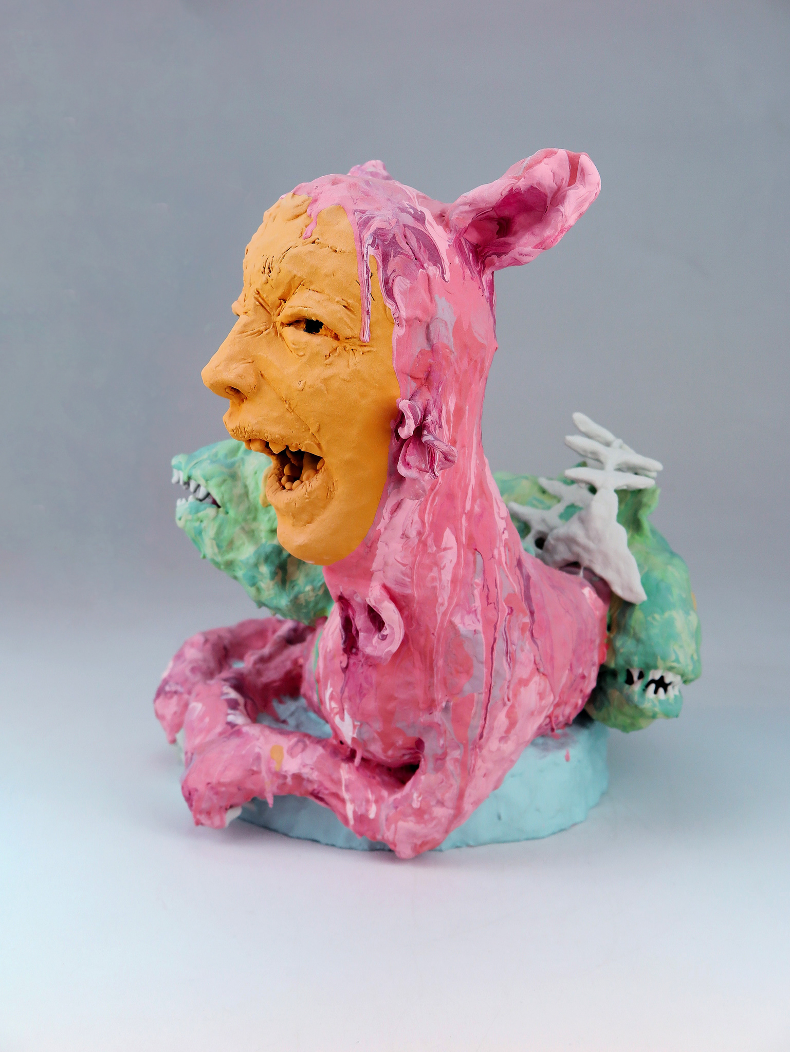 Salome Aydlett, listen to me yodel, 2025, clay, house paint, 16 x 14 x 14in