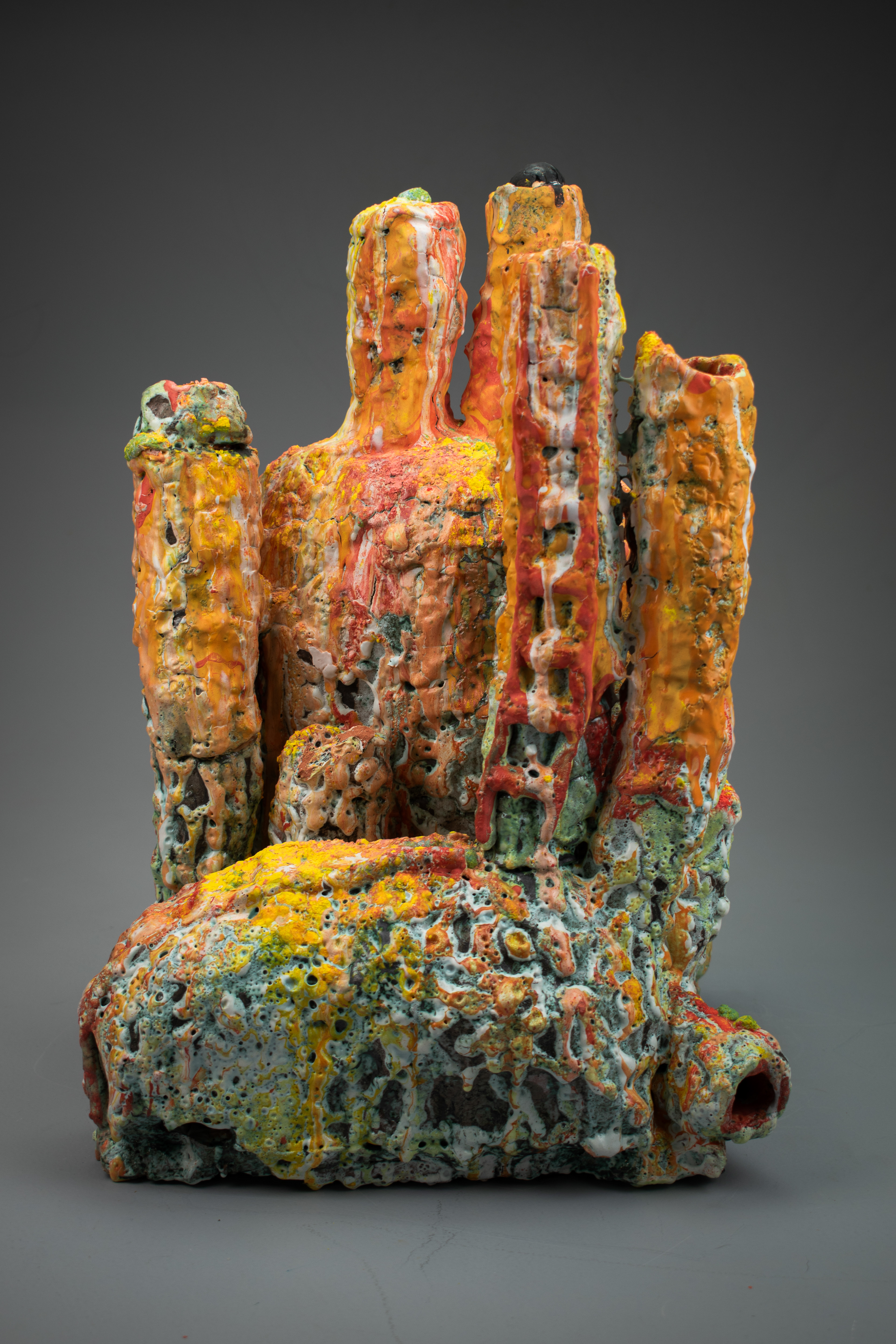 Salome Aydlett, city 1, 2026, ceramic, oxides, majolica, underglaze, stains, 18 x 13 x 12in. 
