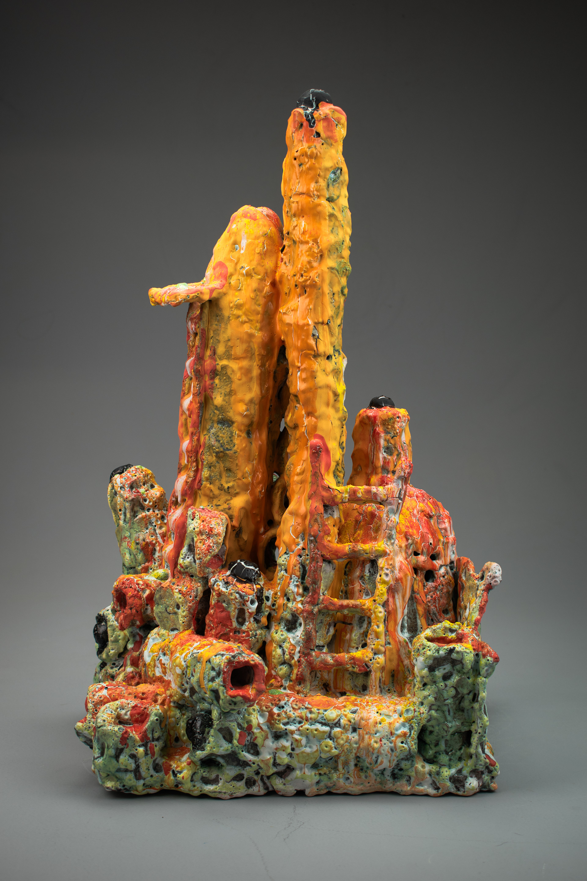 Salome Aydlett, city 2, 2026, ceramic, oxides, majolica, underglaze, stains, 20 x 13 x 10in. 