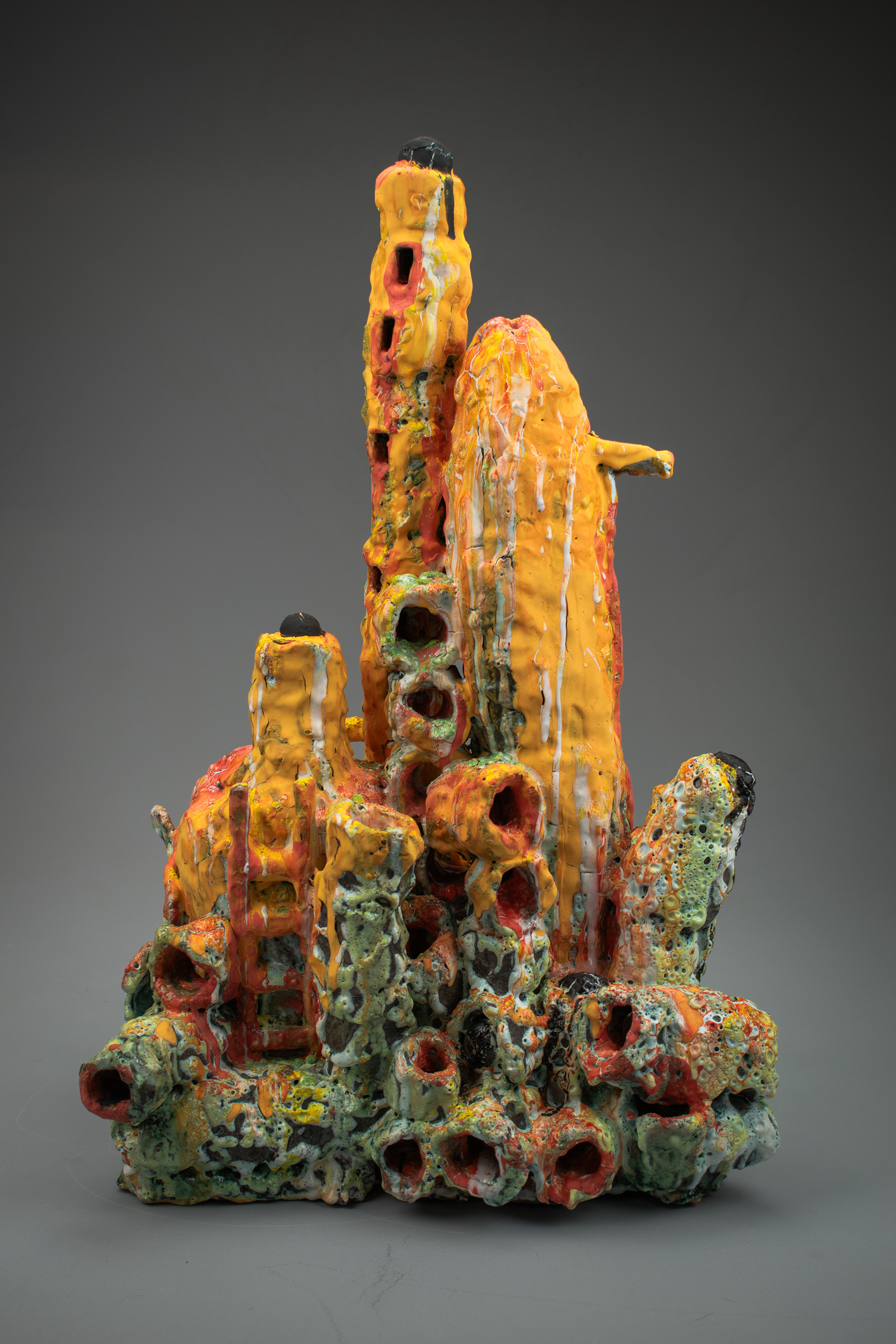 Salome Aydlett, city 2, 2026, ceramic, oxides, majolica, underglaze, stains, 20 x 13 x 10in. 