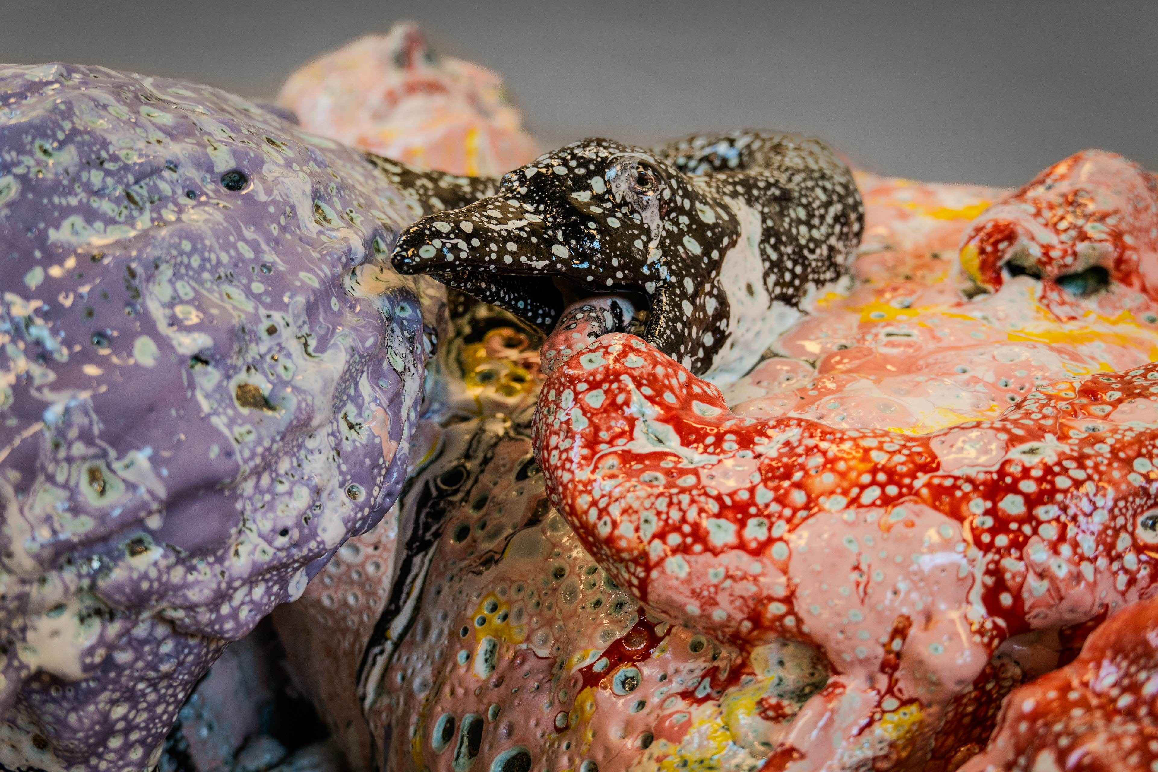 Salome Aydlett, bog body, 2026, 12 x 78 x 20in., ceramic, oxides, majolica