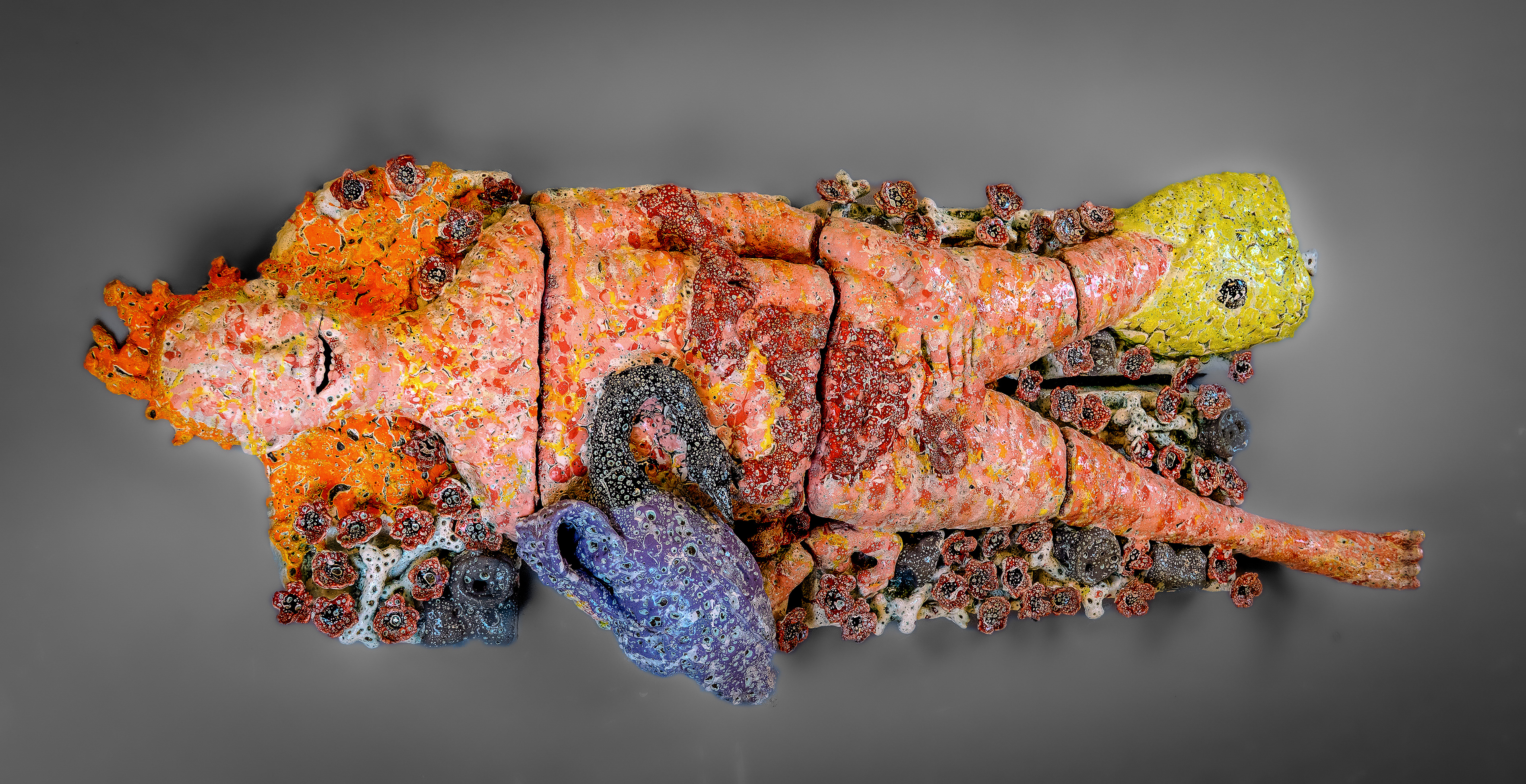 Salome Aydlett, bog body, 2026, 12 x 78 x 20in., ceramic, oxides, majolica