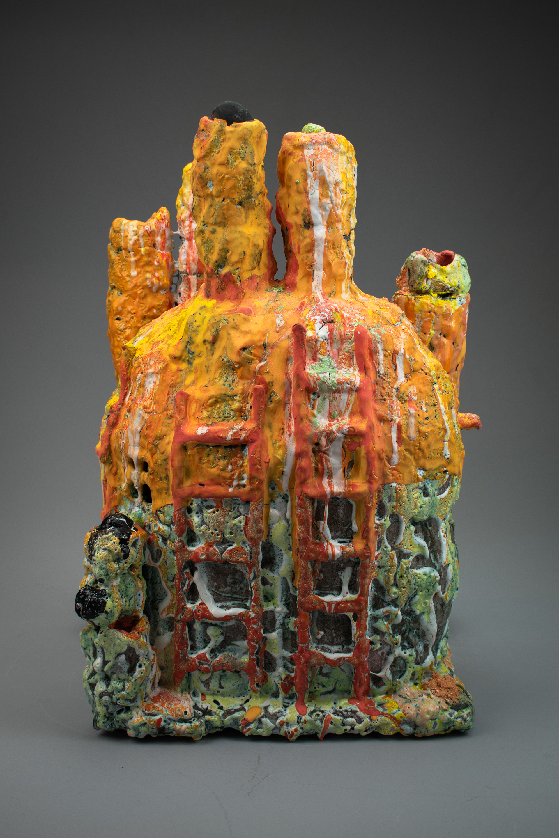 Salome Aydlett, city 1, 2026, ceramic, oxides, majolica, underglaze, stains, 18 x 13 x 12in. 