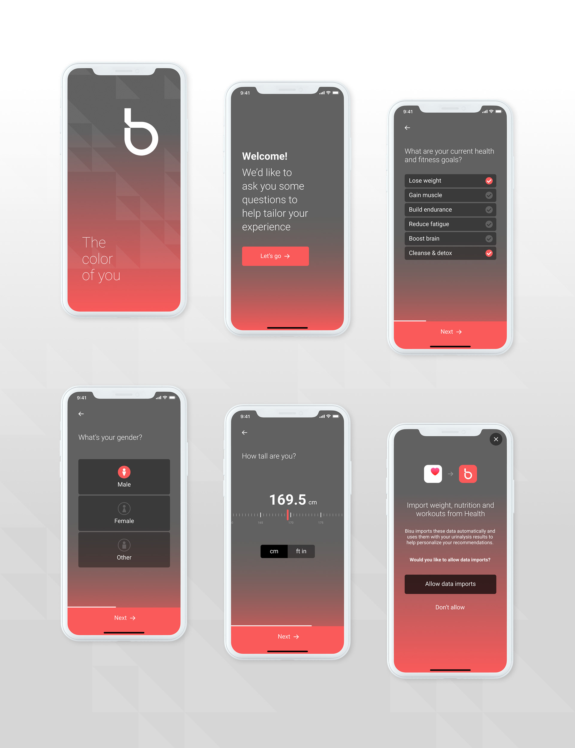 6 iPhones showing various onboarding screens of Bisu app
