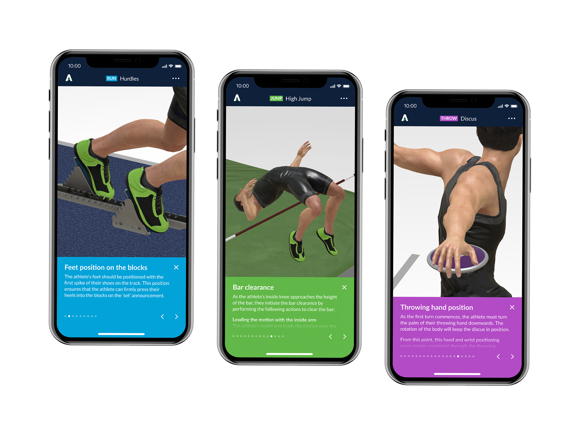 3 iPhone screens showing 'tips' for different events in the Athletics 3D app