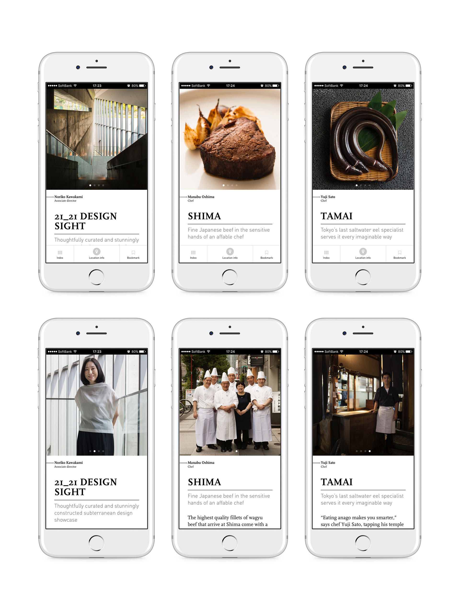 6 iPhones showing various listings on the People Make Places app