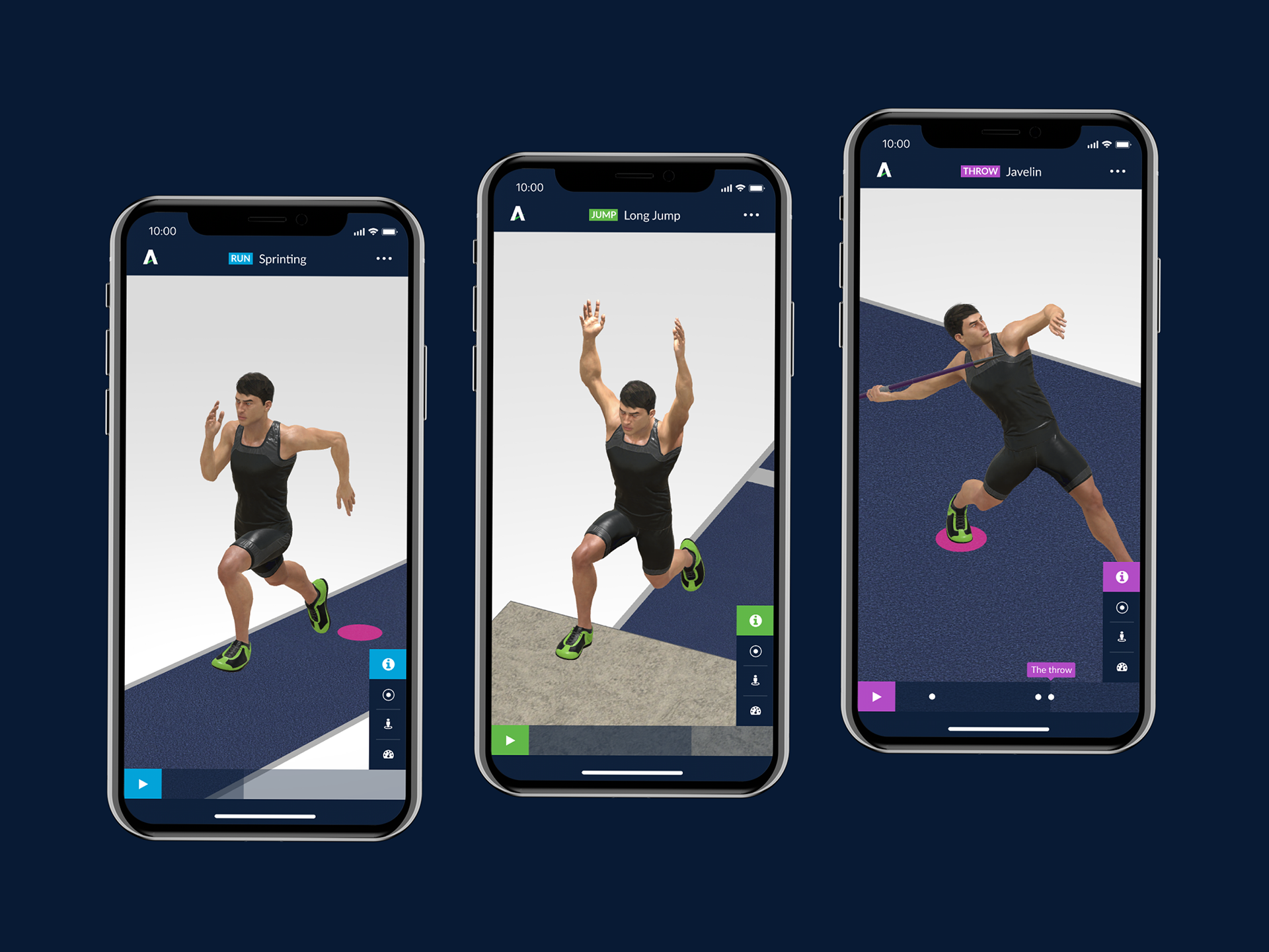 3 iPhone screens showing different events in the Athletics 3D app