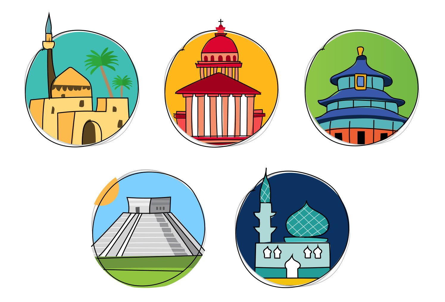 Various illustrations for Tadaku representing various locations around the world