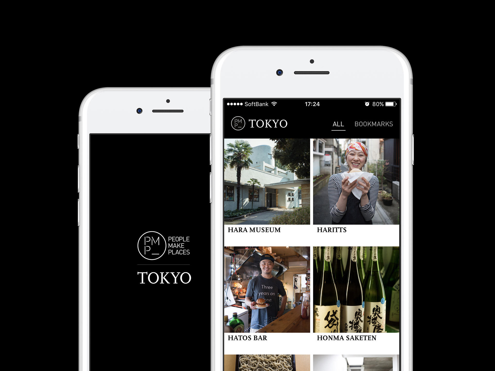 2 iPhones showing splash screen and listing screen of the People Make Places app